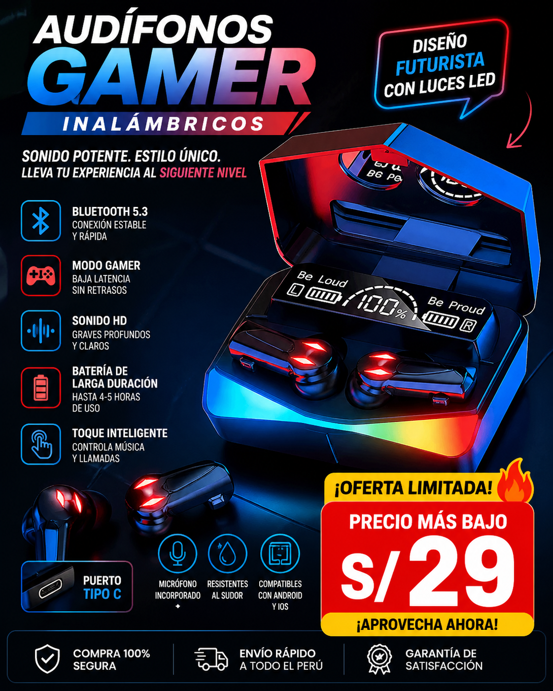 Audífonos inalámbricos con luces